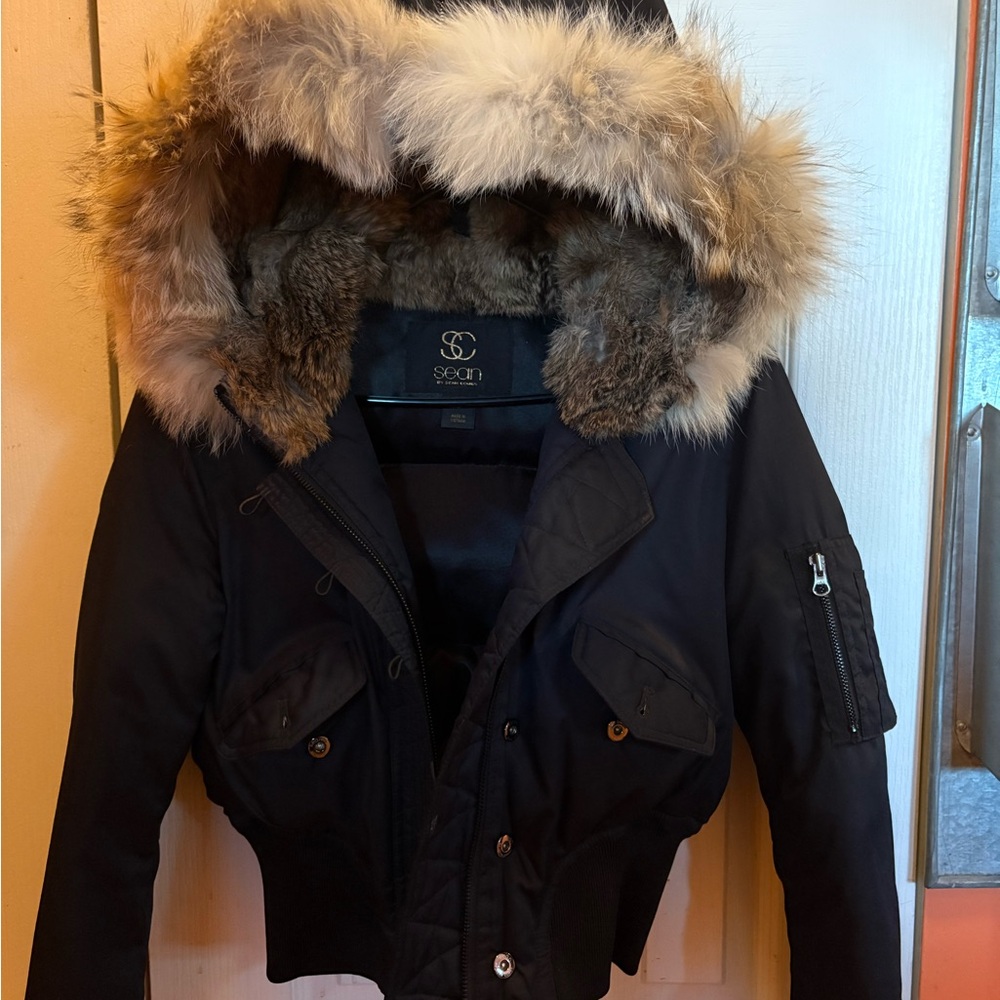 Black Puffer Jacket with Rabbit Fur Trim